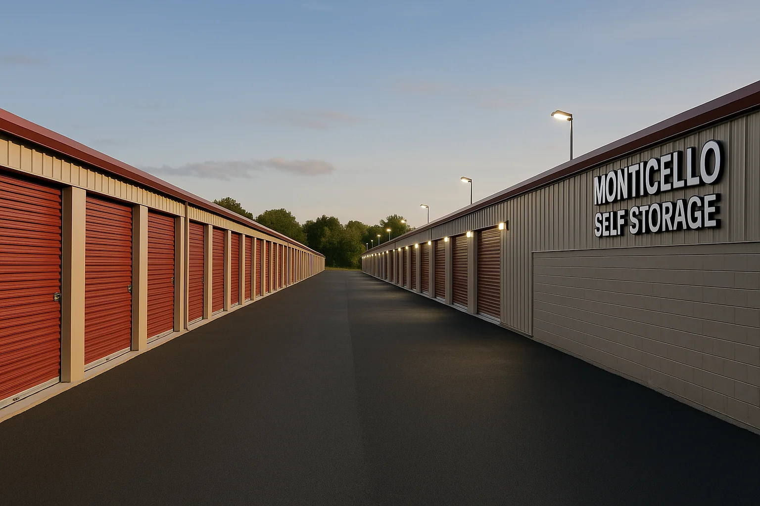 Drive-up self storage units in Monticello, NY with paved aisles and bright lighting