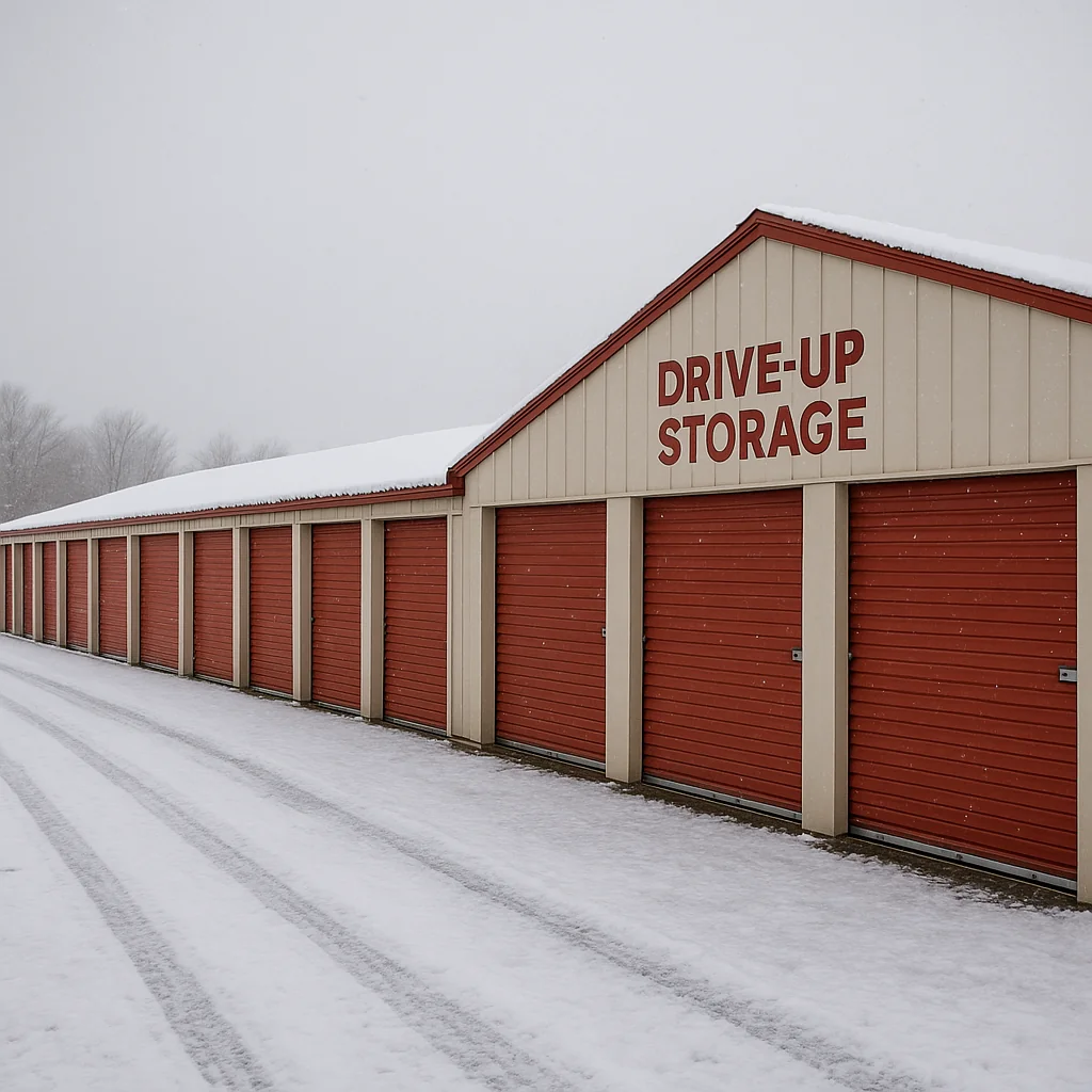 Drive-up storage units in winter with light snow in Monticello NY